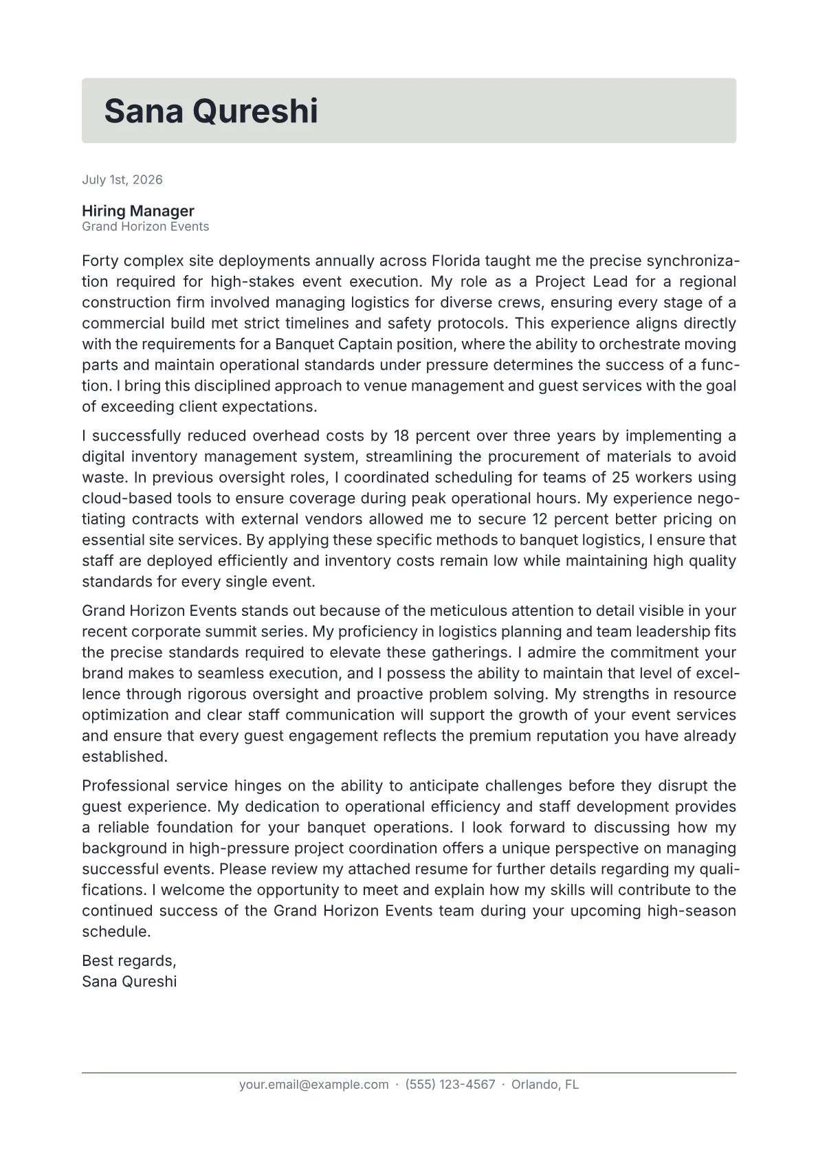 Banquet Captain cover letter in the Letterhead design
