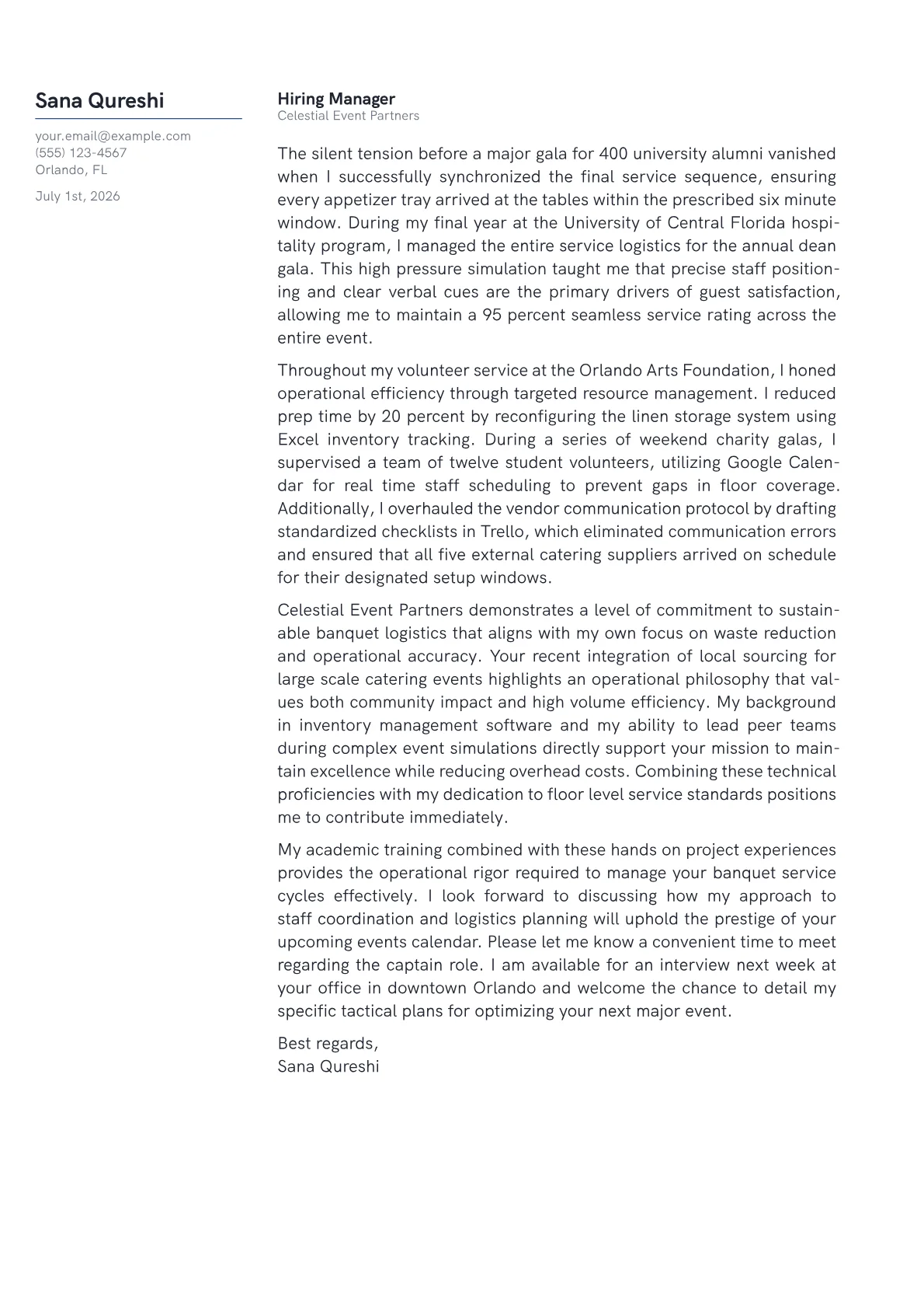 Banquet Captain cover letter in the Margin design