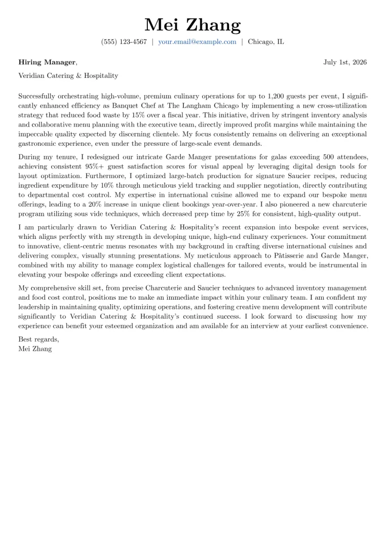 Banquet Chef Cover Letter Example