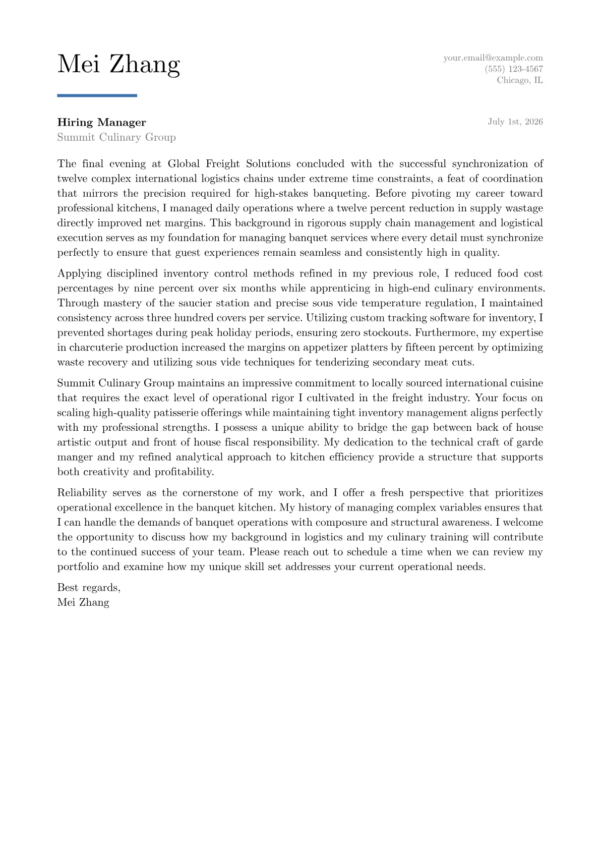 Banquet Chef cover letter in the Executive design
