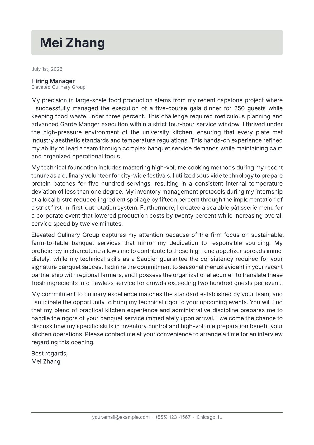 Banquet Chef cover letter in the Letterhead design