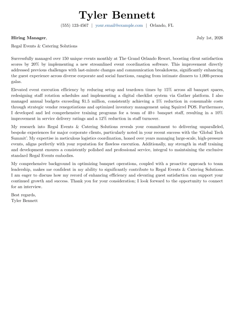 Banquet Manager cover letter example preview