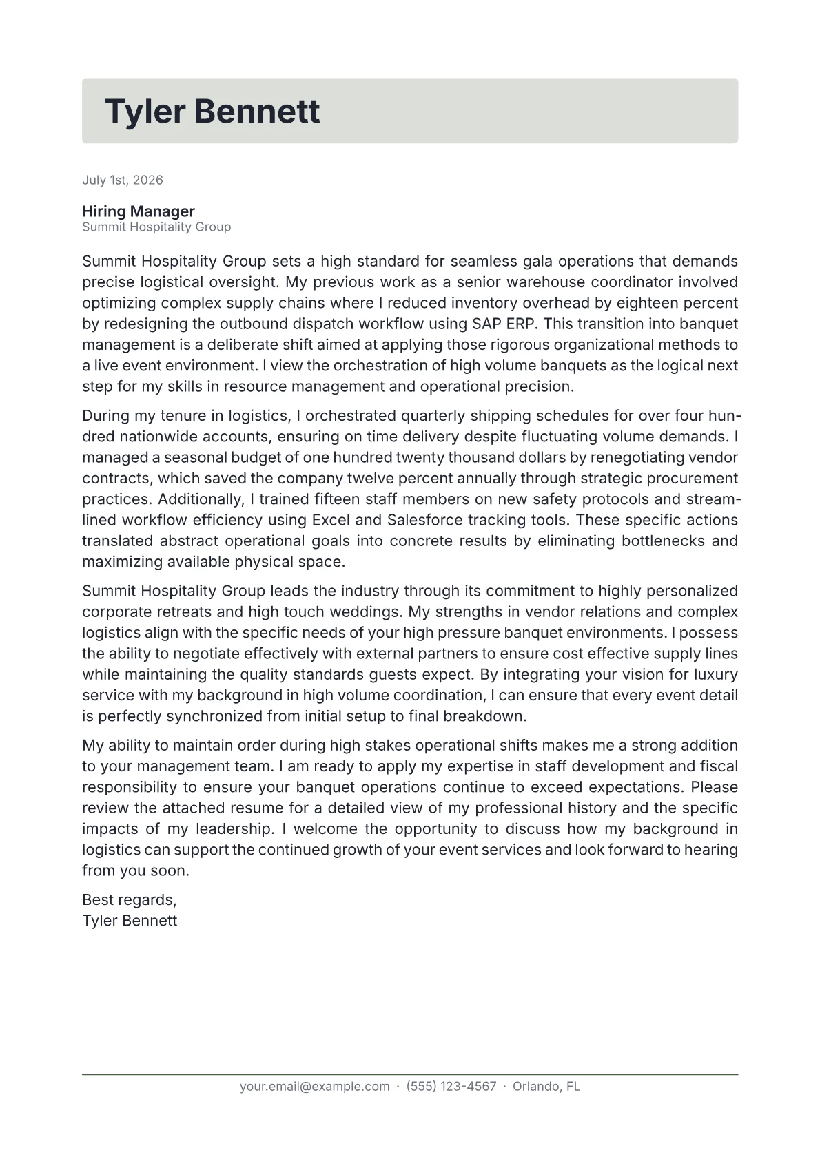 Banquet Manager cover letter in the Letterhead design