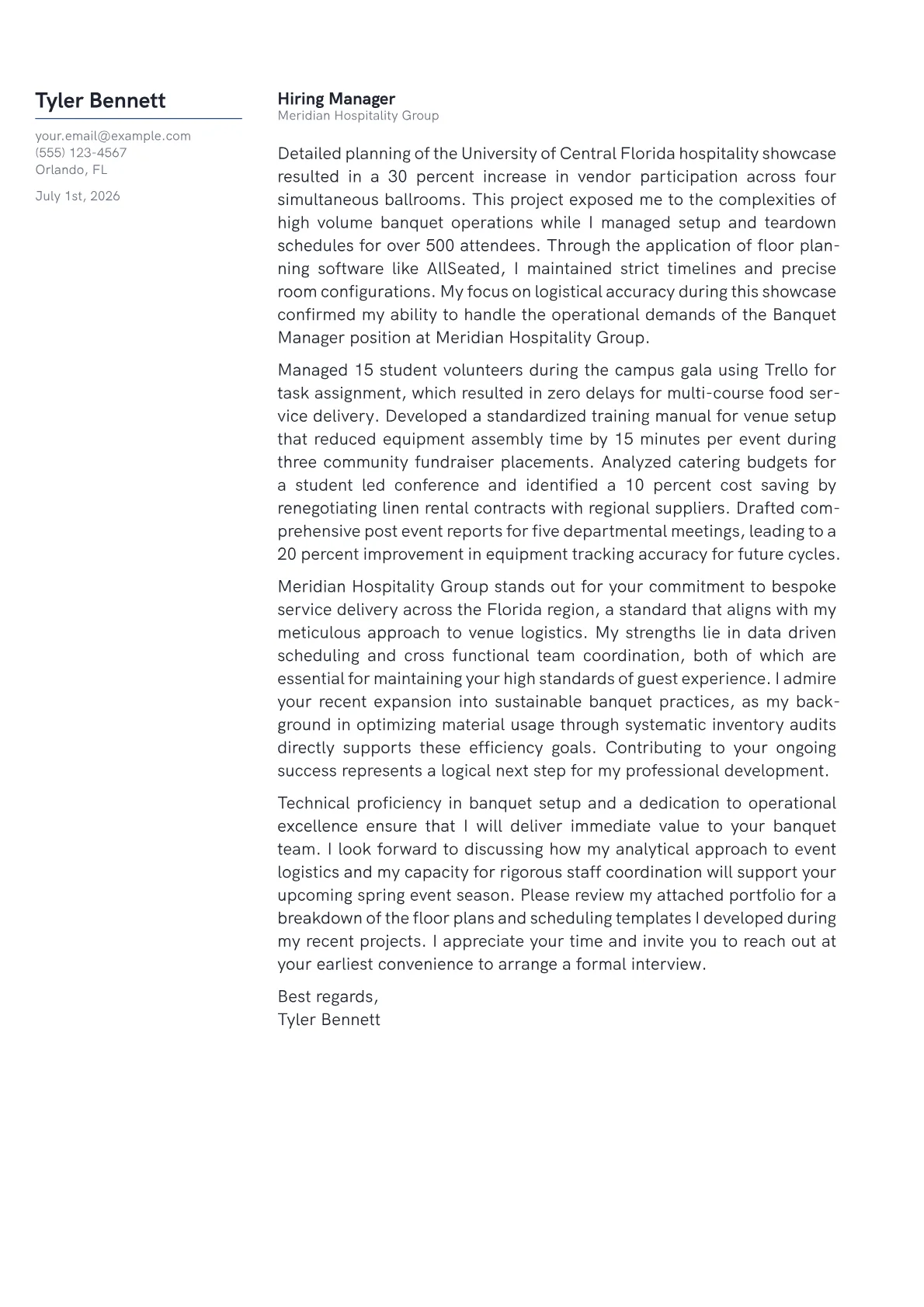 Banquet Manager cover letter in the Margin design
