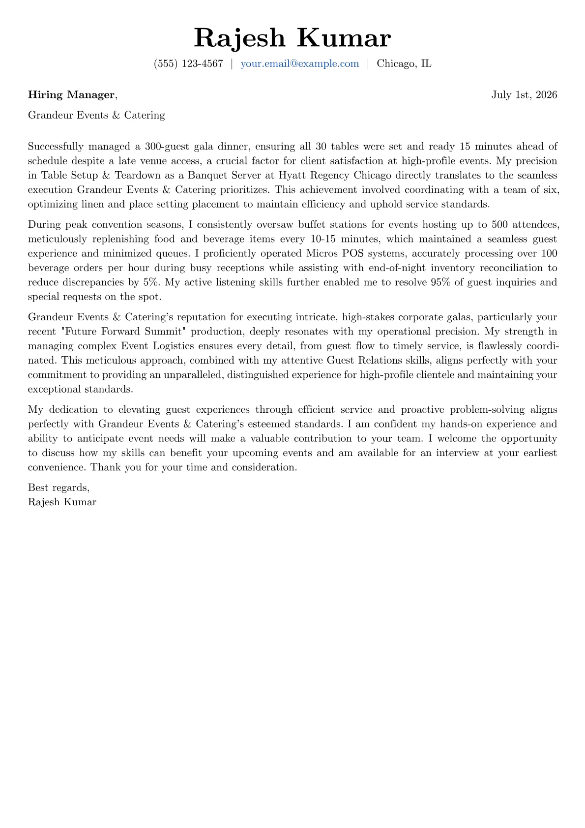 Banquet Server cover letter formatted with a JobSprout template