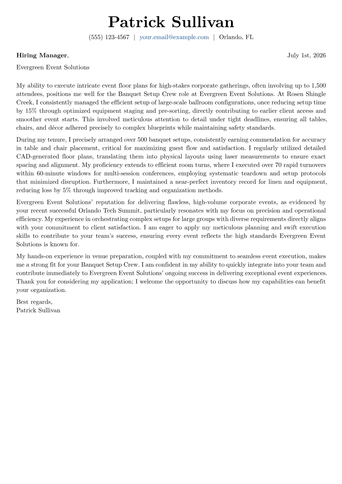 Banquet Setup Crew cover letter formatted with a JobSprout template