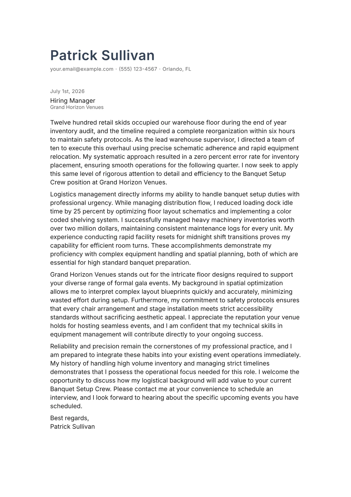 Banquet Setup Crew cover letter in the Minimal design