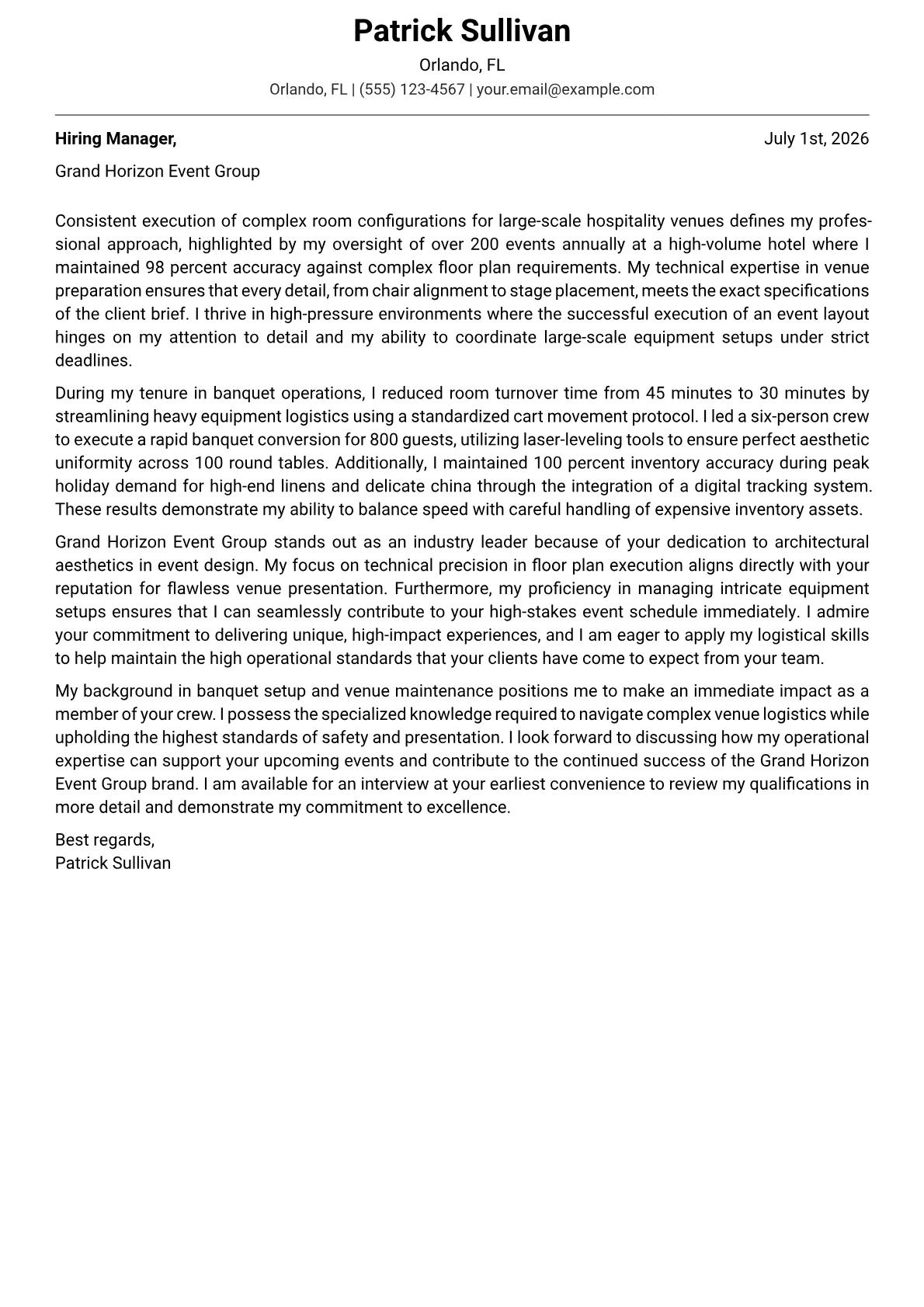 Banquet Setup Crew cover letter in the Modern design