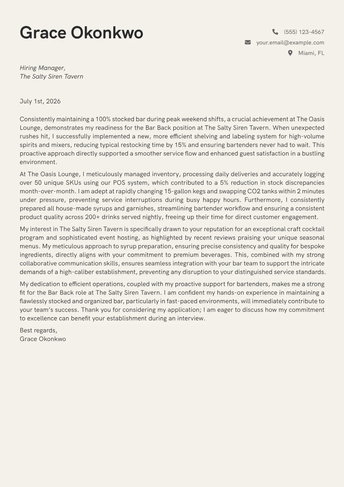 Bar Back cover letter formatted with a JobSprout template