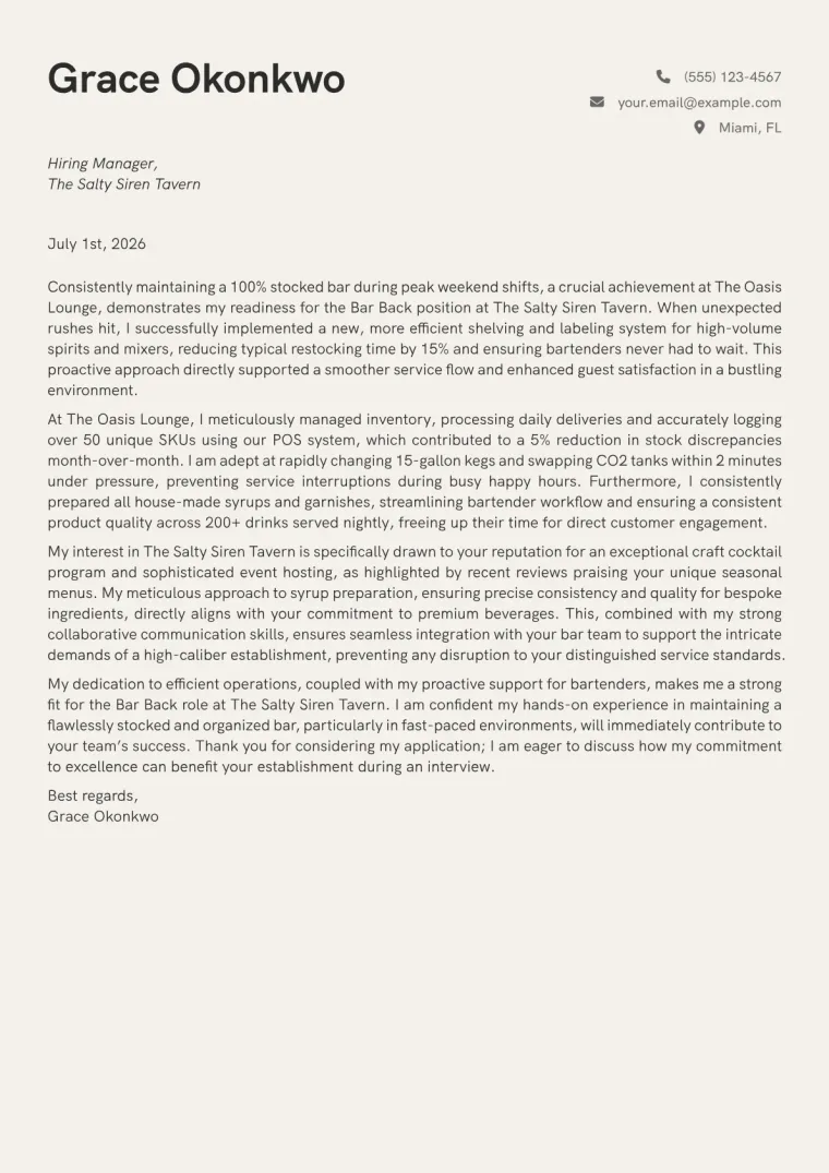 Bar Back cover letter example