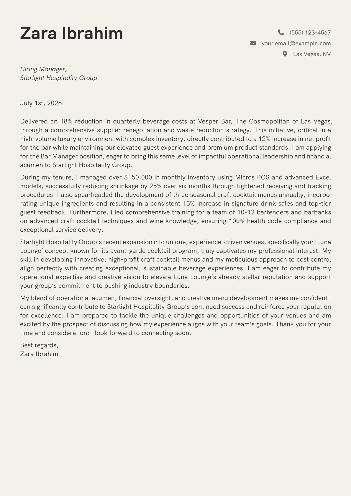 Bar Manager cover letter formatted with a JobSprout template