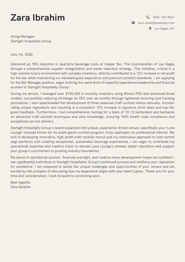 Bar Manager Cover Letter Example