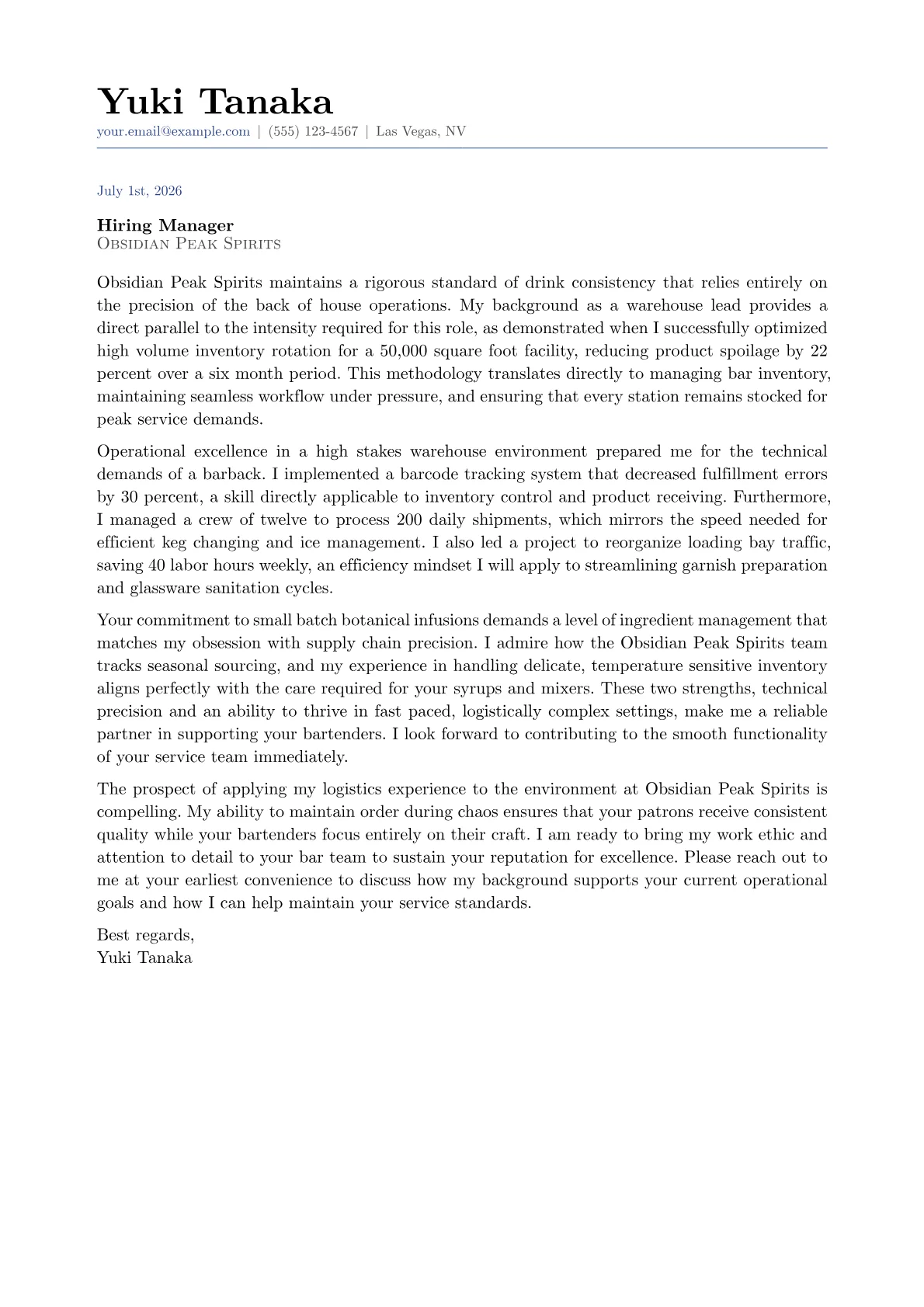 Barback cover letter in the Classic design