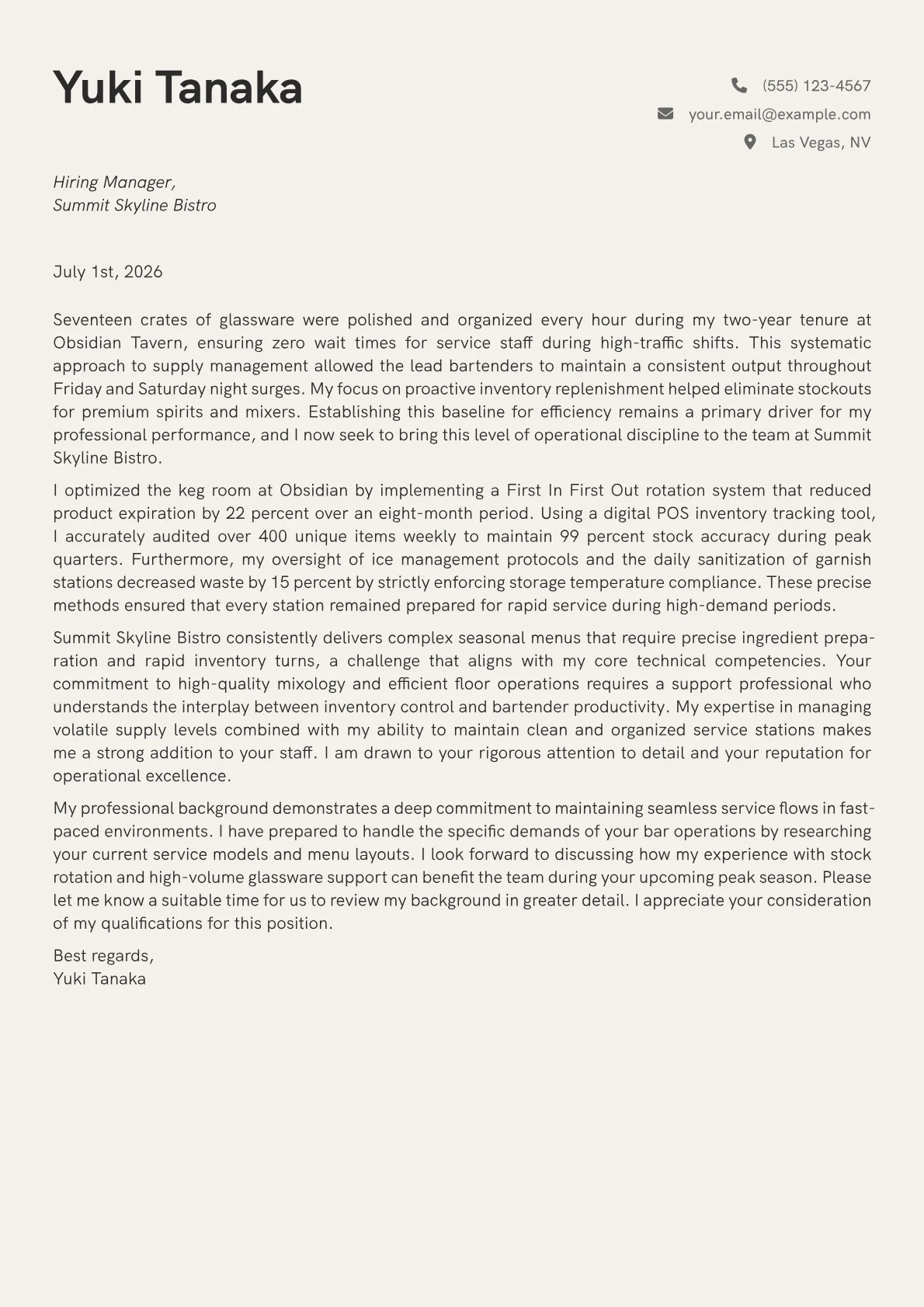 Barback cover letter in the Creative design