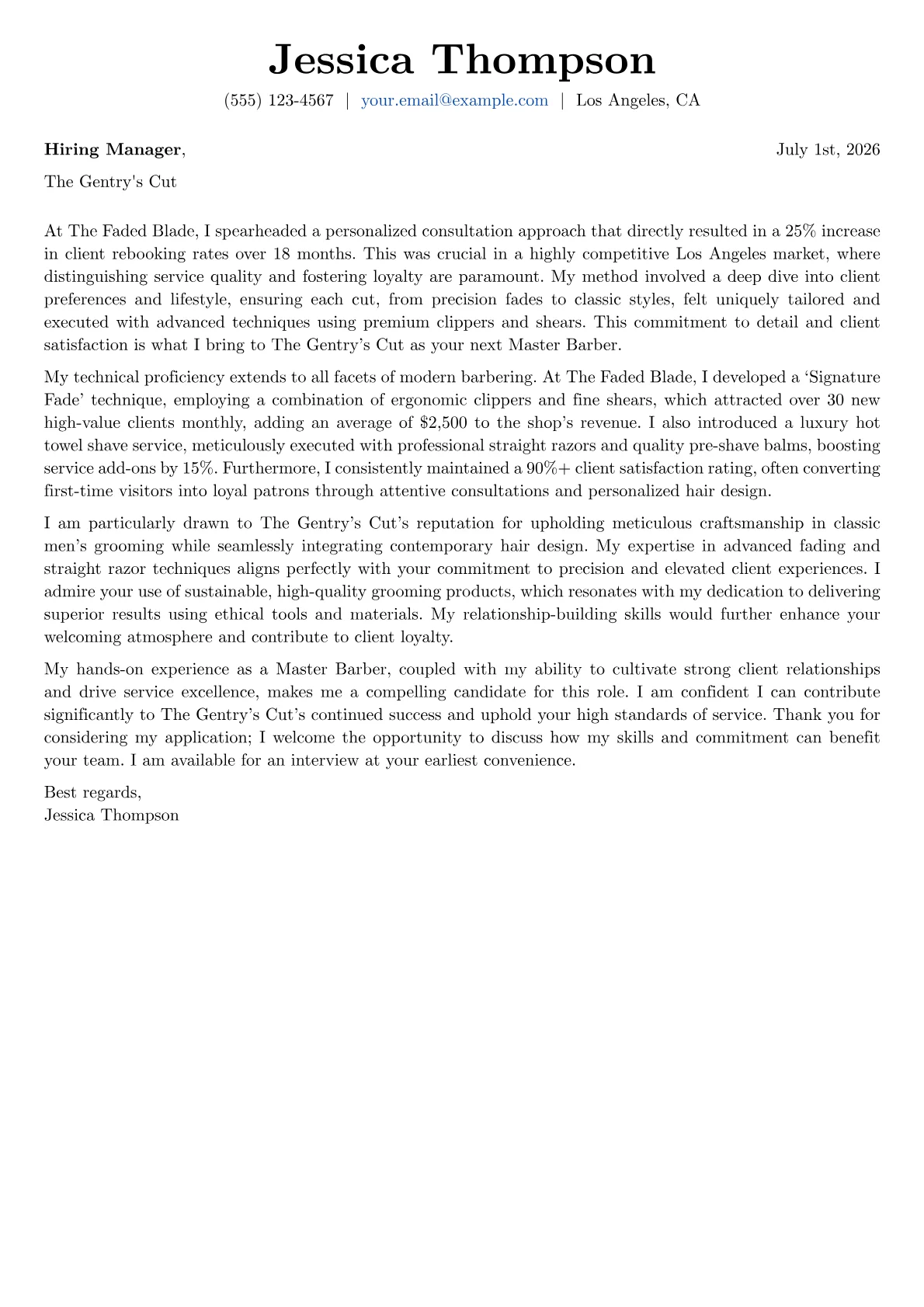 Barber cover letter formatted with a JobSprout template