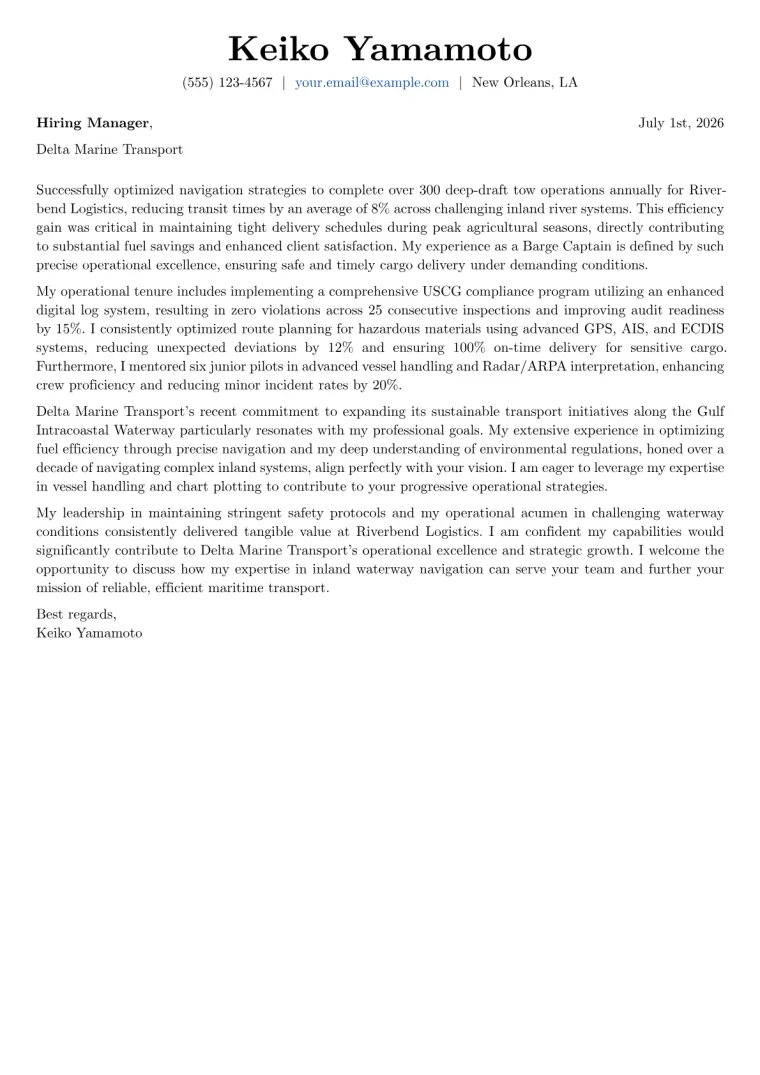 Barge Captain cover letter example