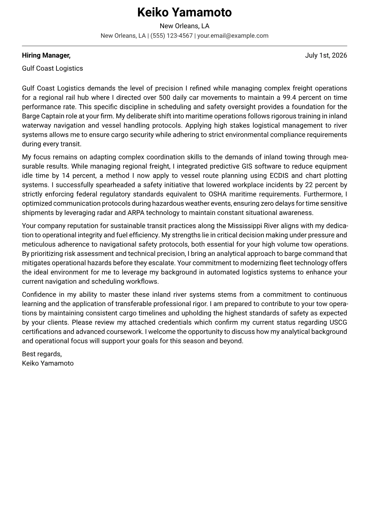 Barge Captain cover letter in the Modern design