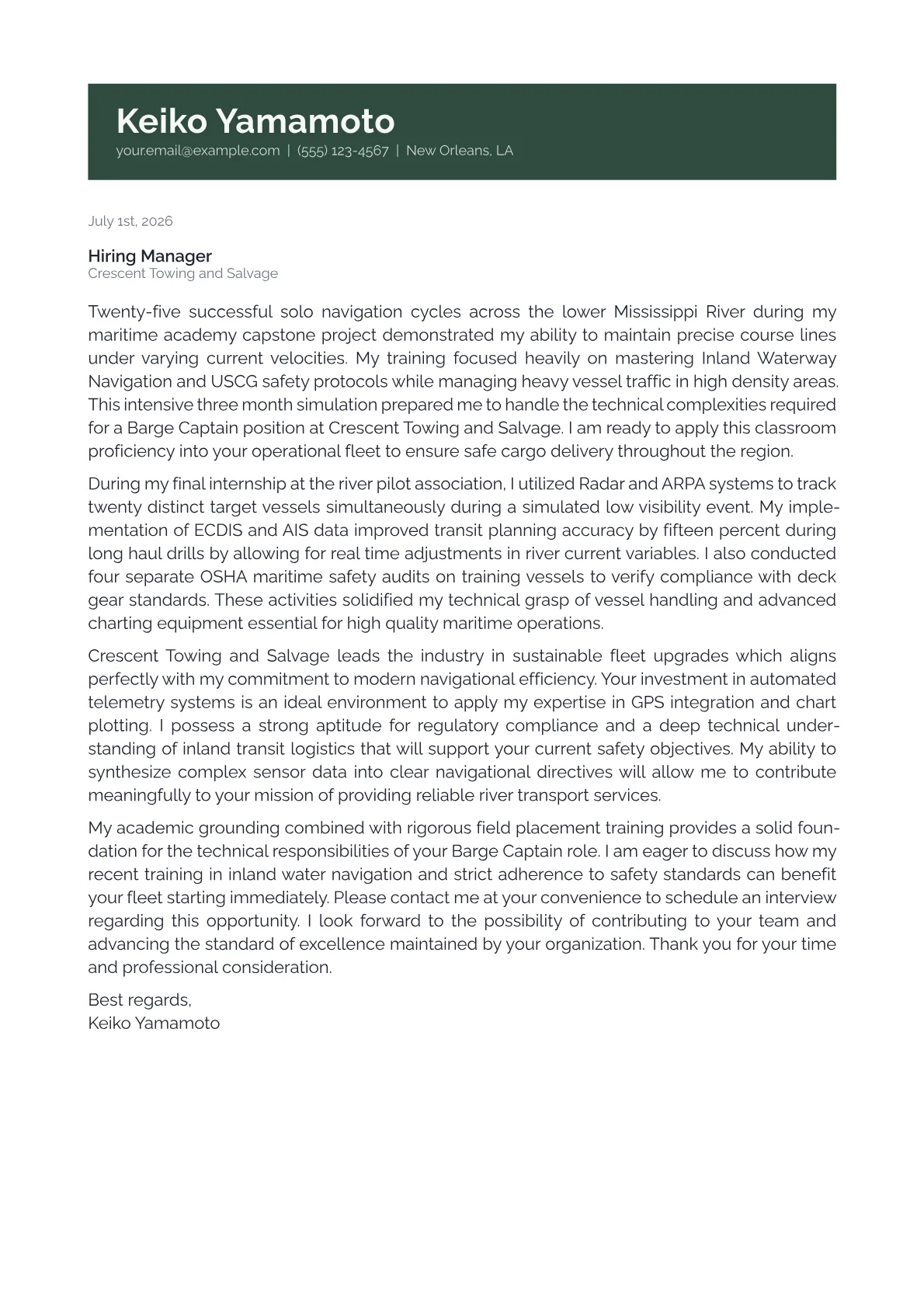 Barge Captain cover letter in the Banner design