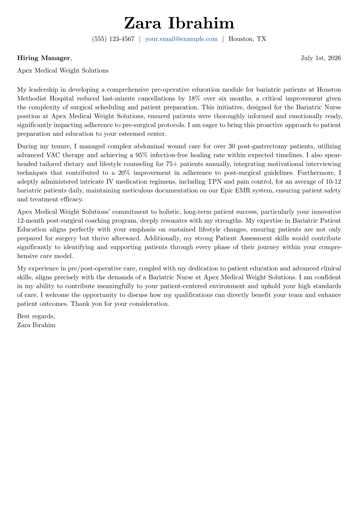 Bariatric Nurse cover letter formatted with a JobSprout template