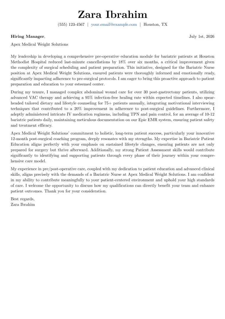 Bariatric Nurse cover letter example preview