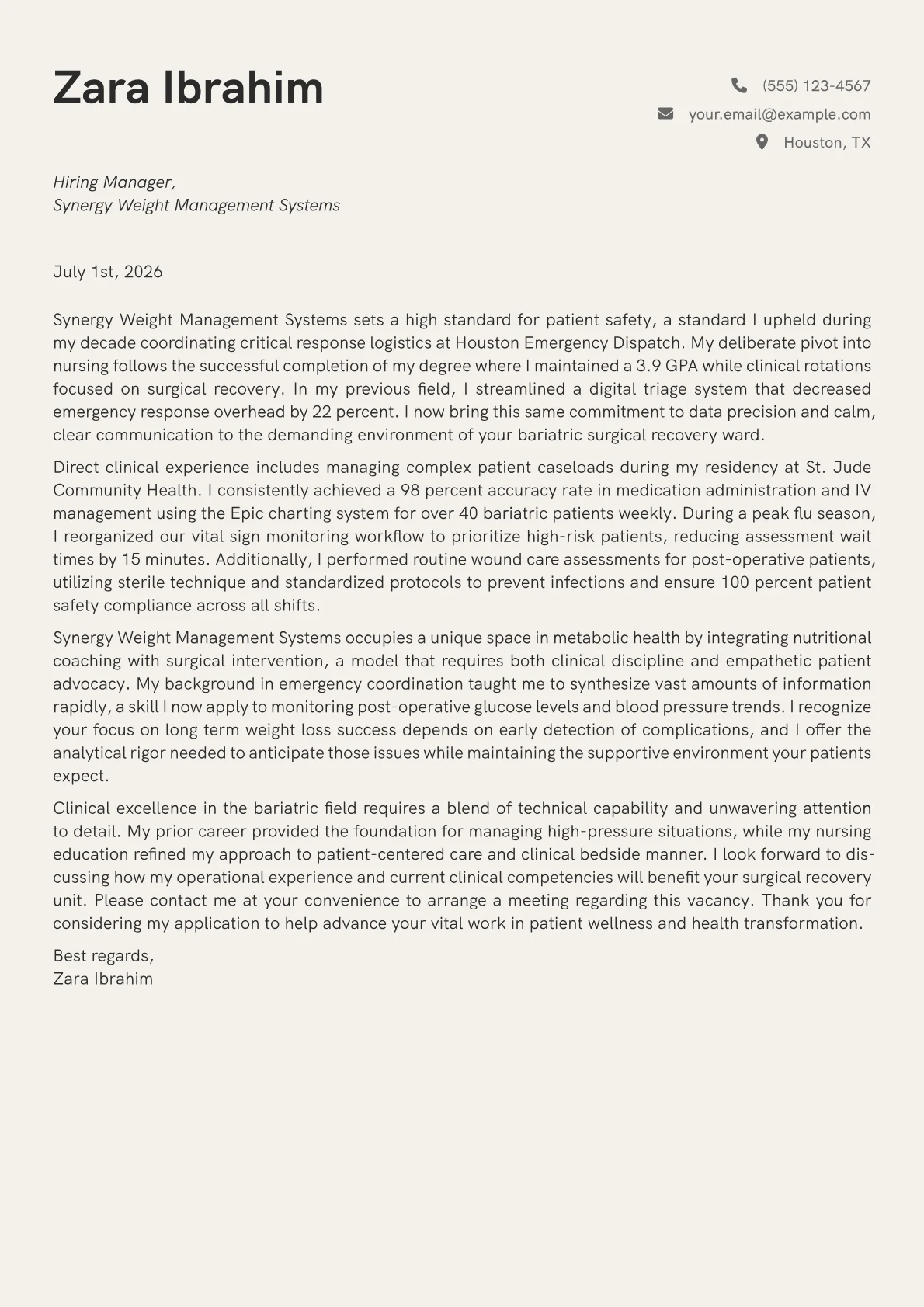 Bariatric Nurse cover letter in the Creative design