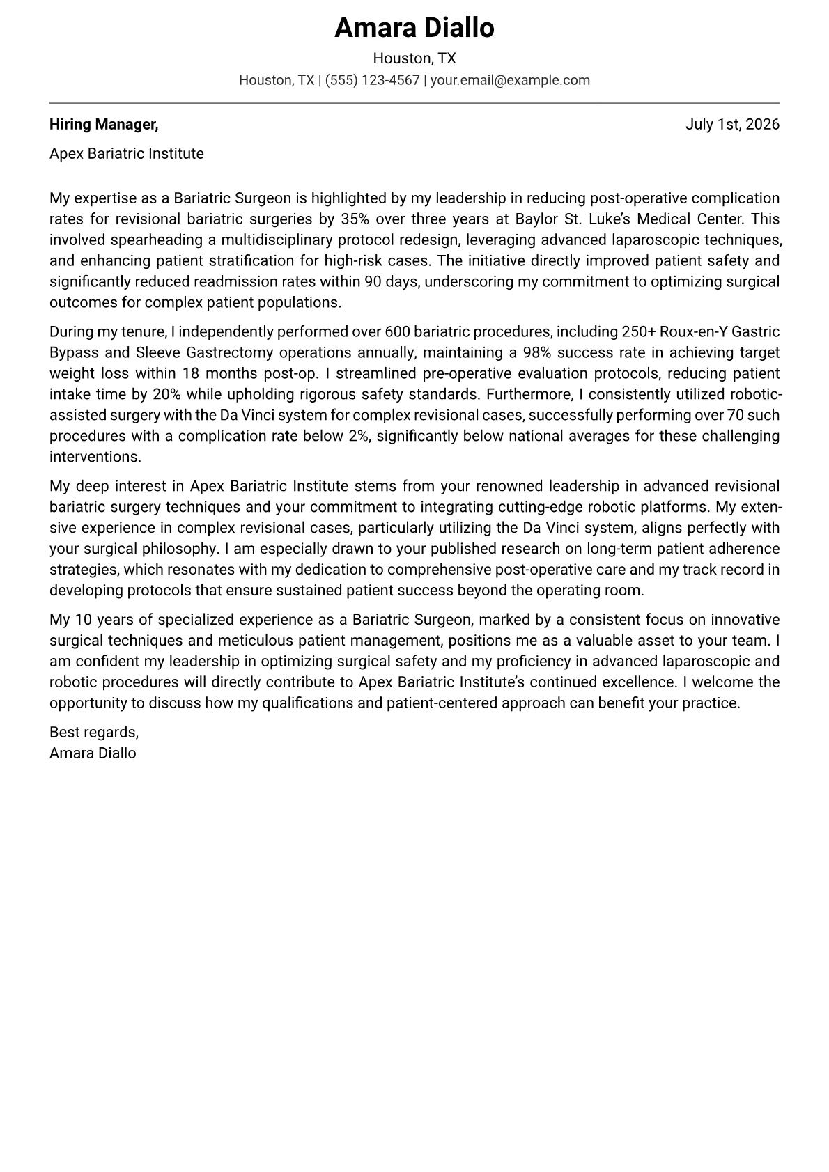 Bariatric Surgeon cover letter formatted with a JobSprout template