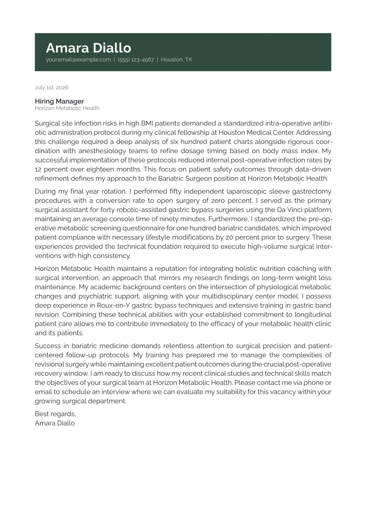 Bariatric Surgeon cover letter in the Banner design