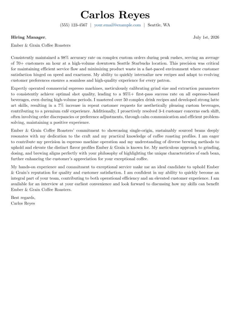 Barista Cover Letter Example