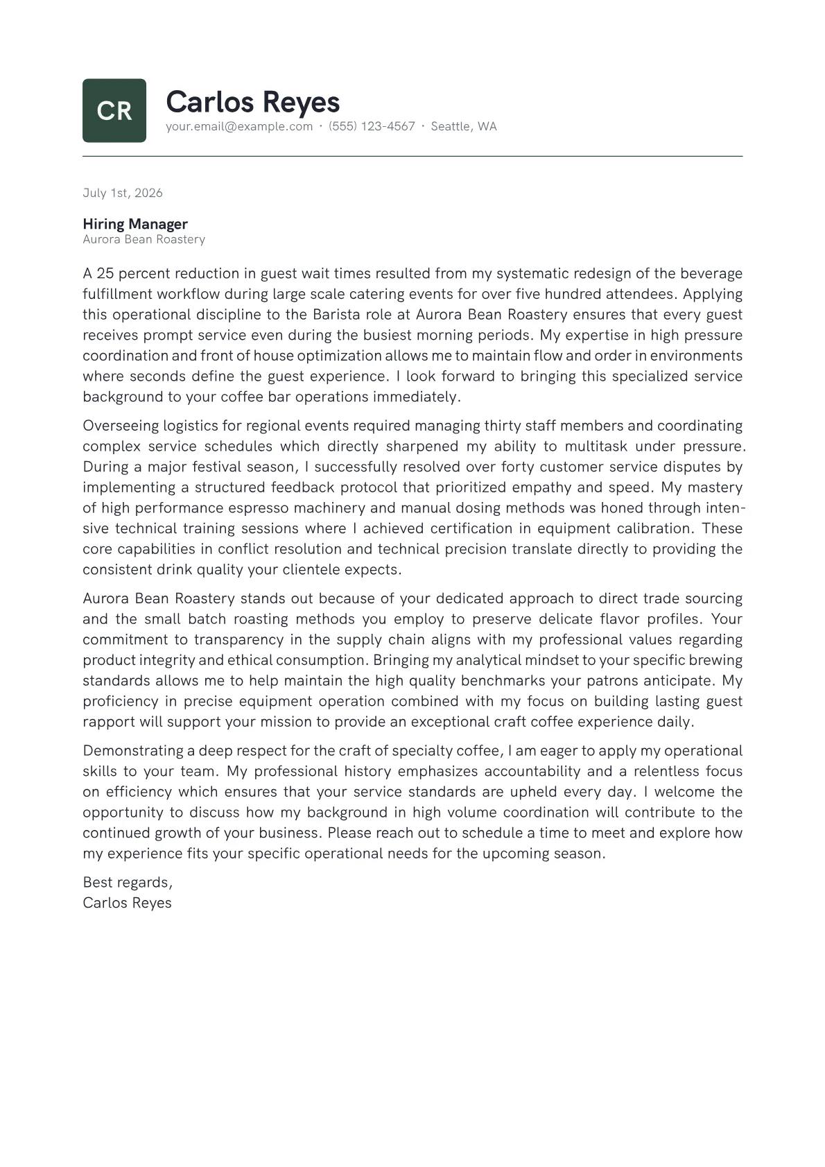 Barista cover letter in the Emblem design