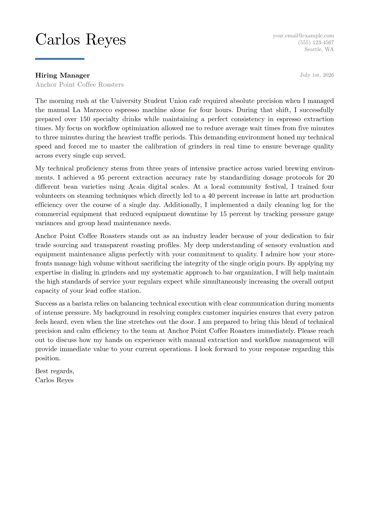 Barista cover letter in the Executive design