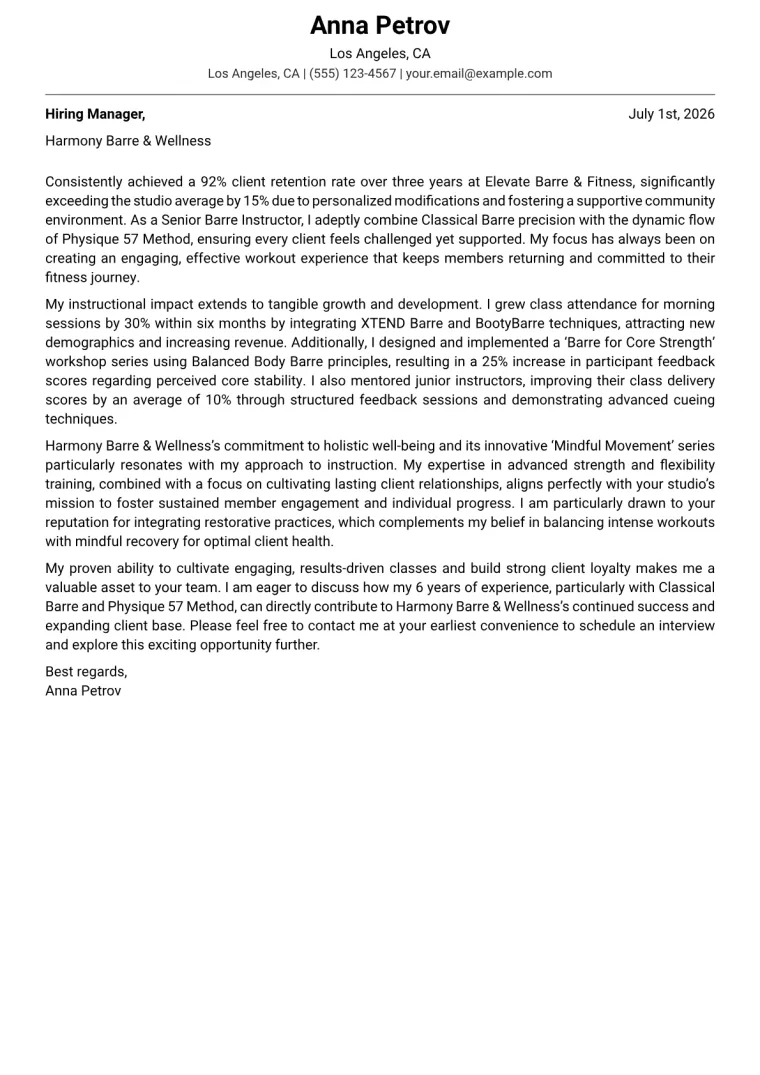 Barre Instructor cover letter example