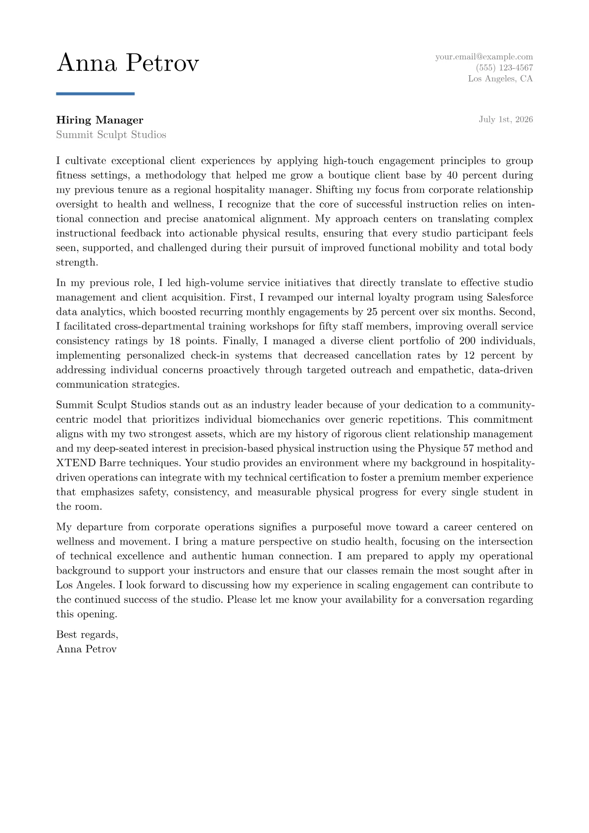 Barre Instructor cover letter in the Executive design