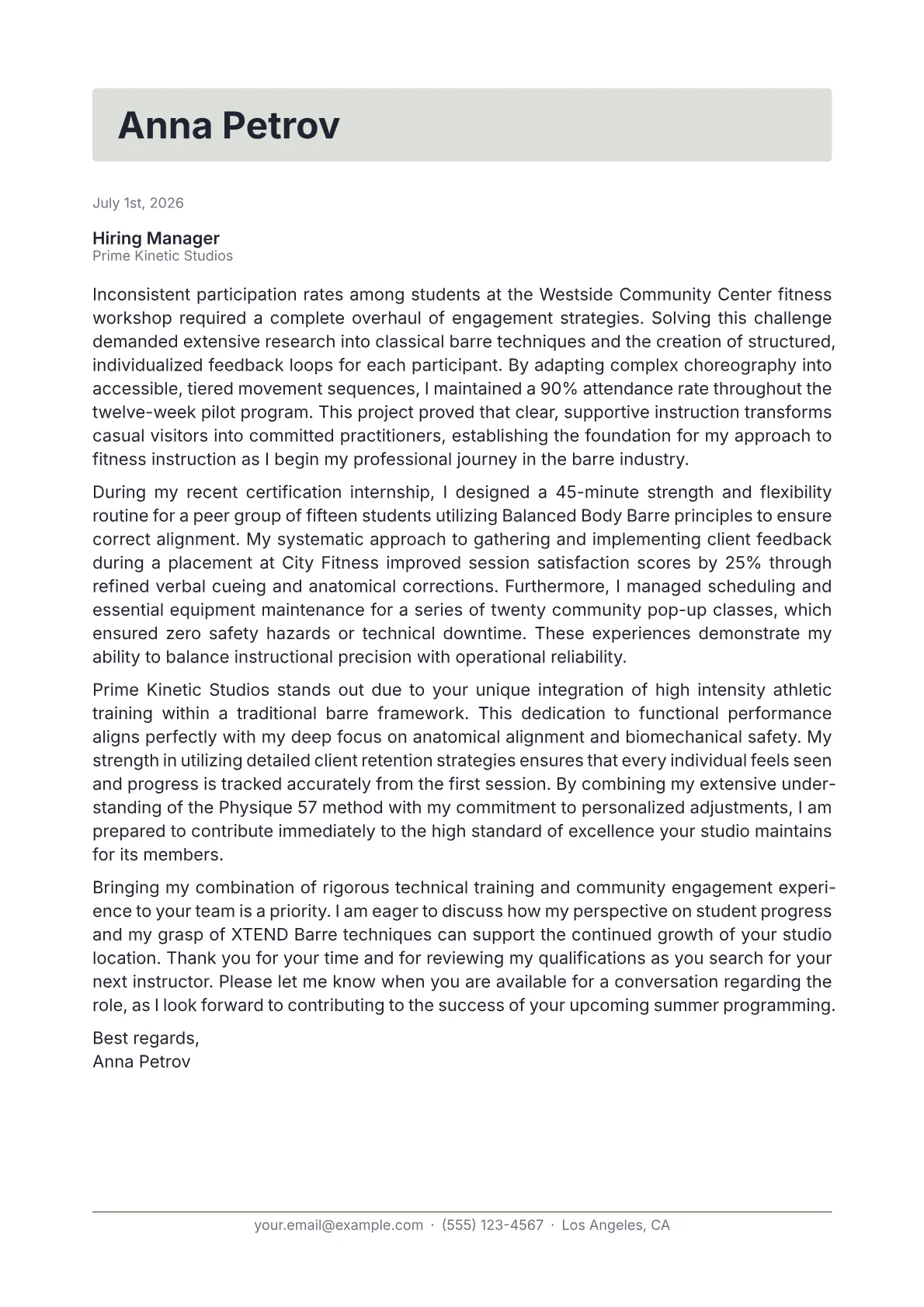 Barre Instructor cover letter in the Letterhead design