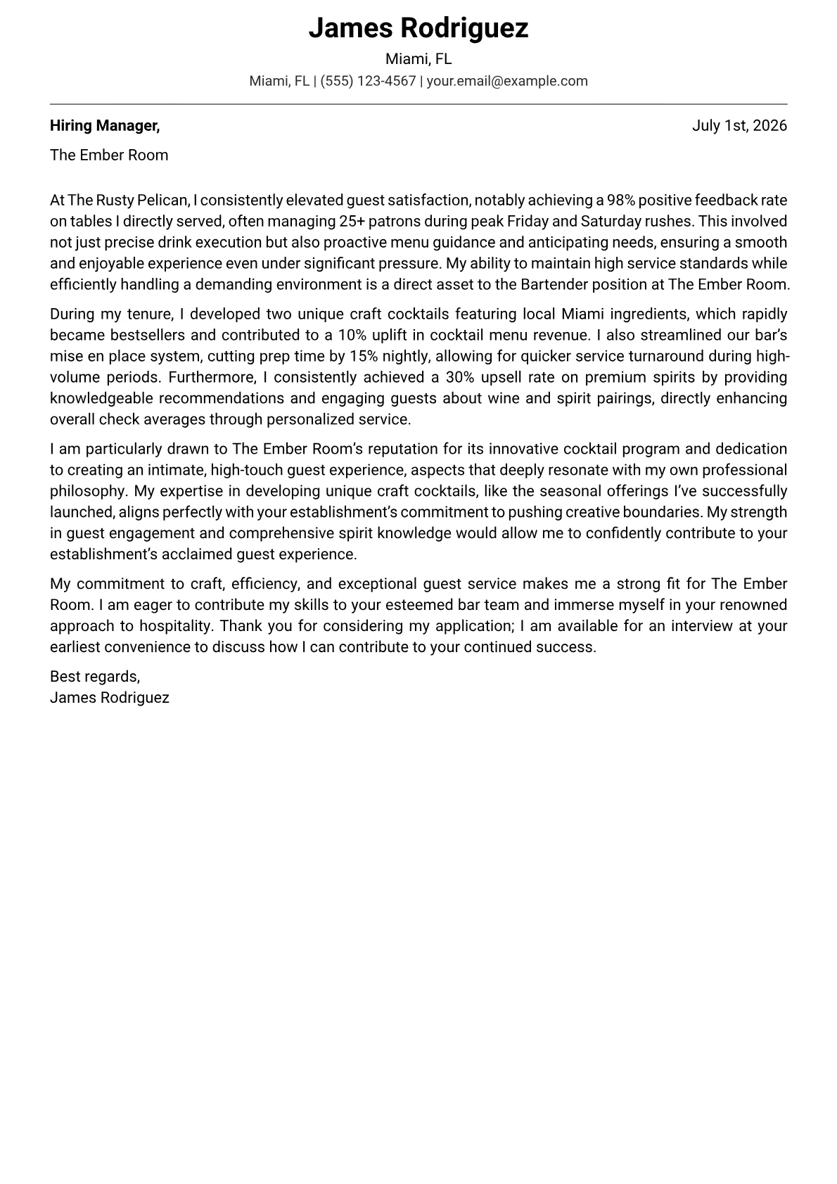 Bartender cover letter formatted with a JobSprout template