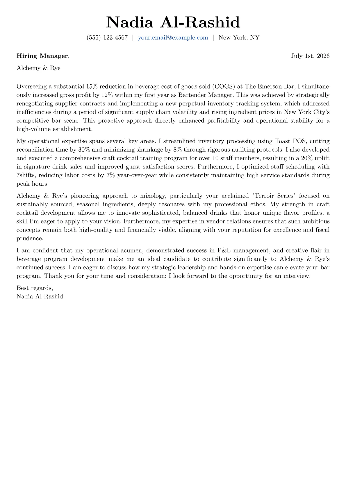 Bartender Manager cover letter formatted with a JobSprout template