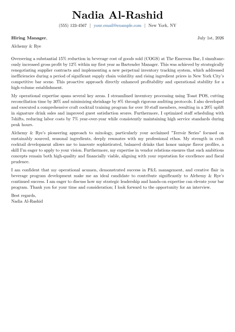 Bartender Manager cover letter example preview
