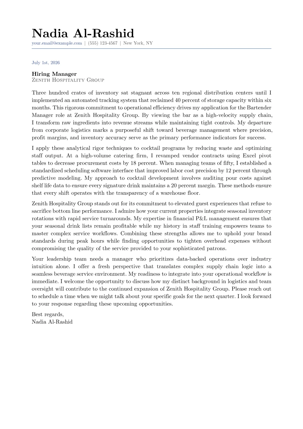 Bartender Manager cover letter in the Classic design
