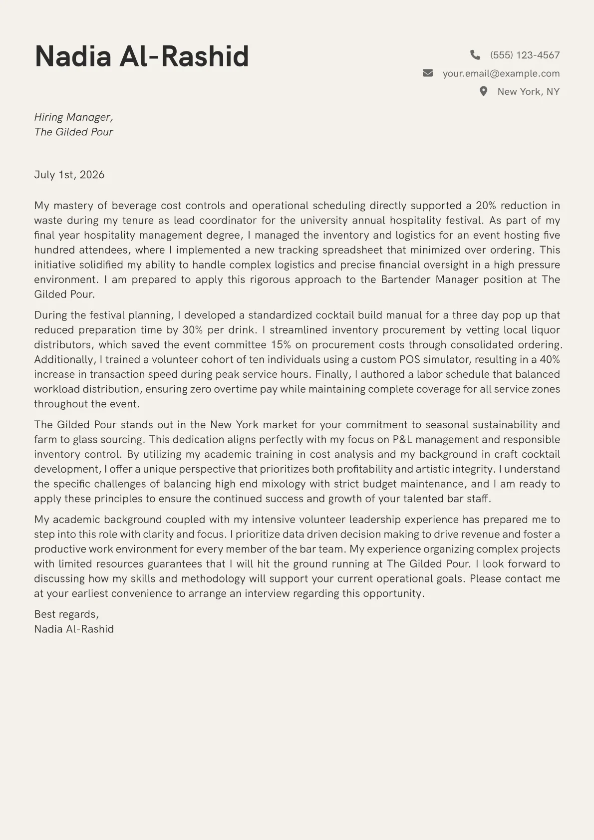 Bartender Manager cover letter in the Creative design