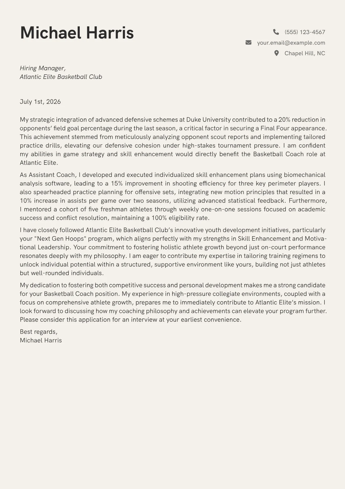Basketball Coach cover letter formatted with a JobSprout template