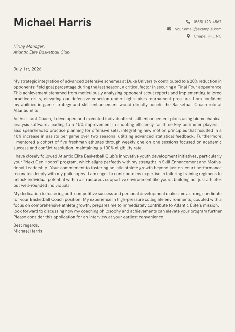 Basketball Coach Cover Letter Example