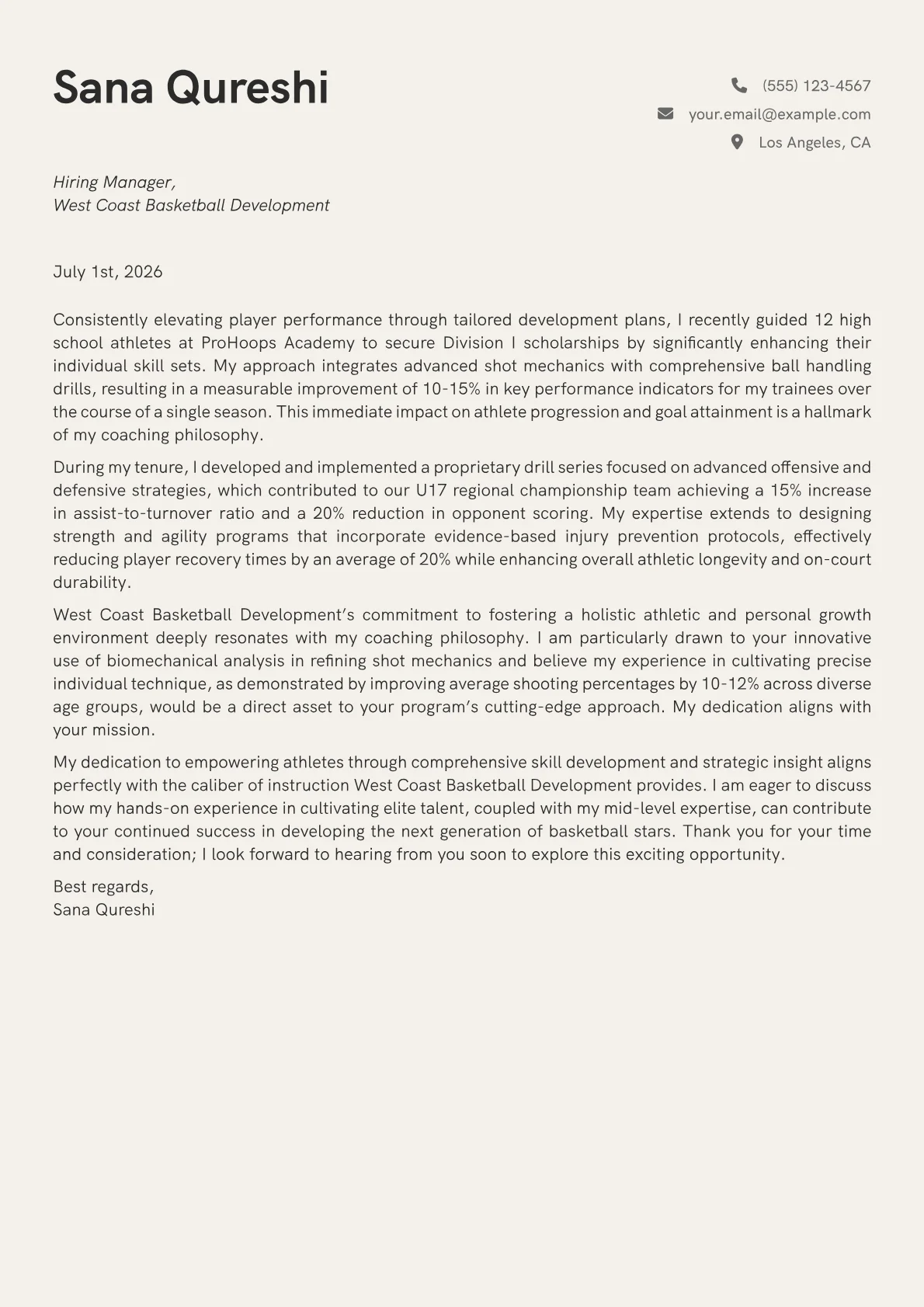 Basketball Trainer cover letter formatted with a JobSprout template
