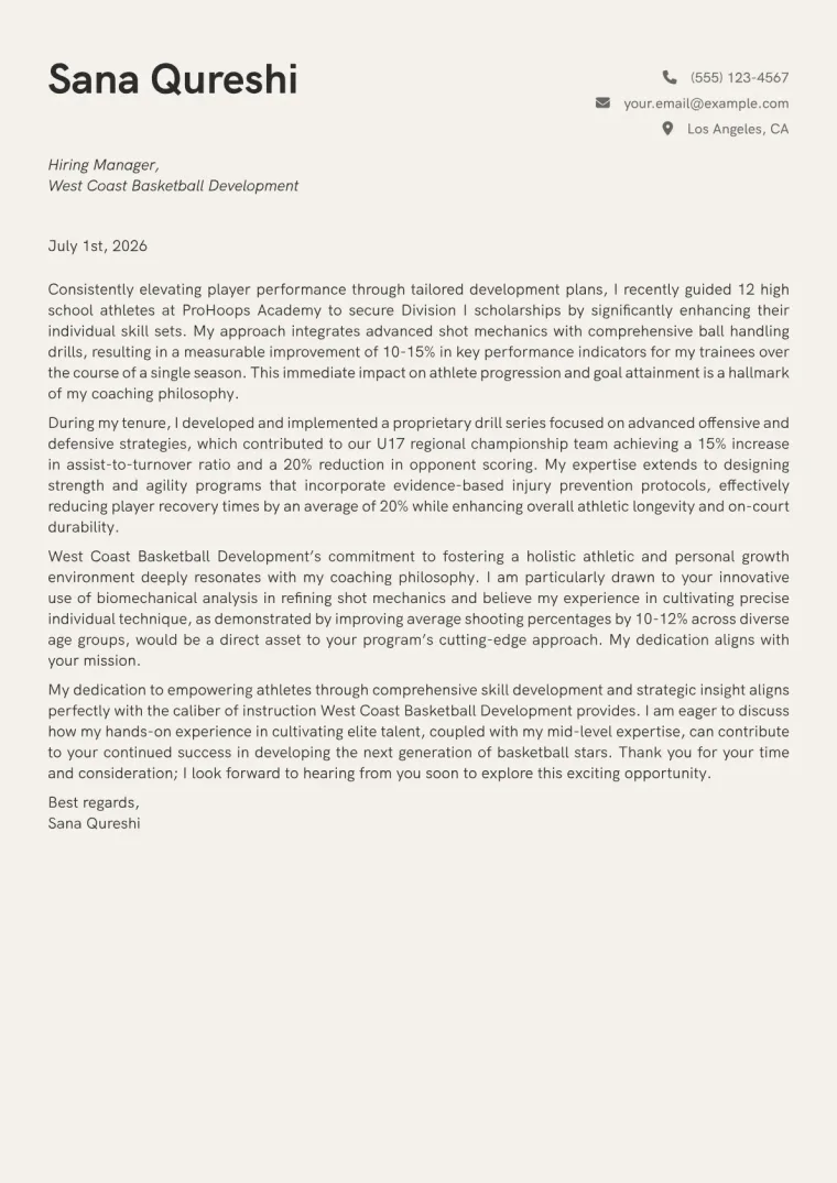 Basketball Trainer cover letter example preview