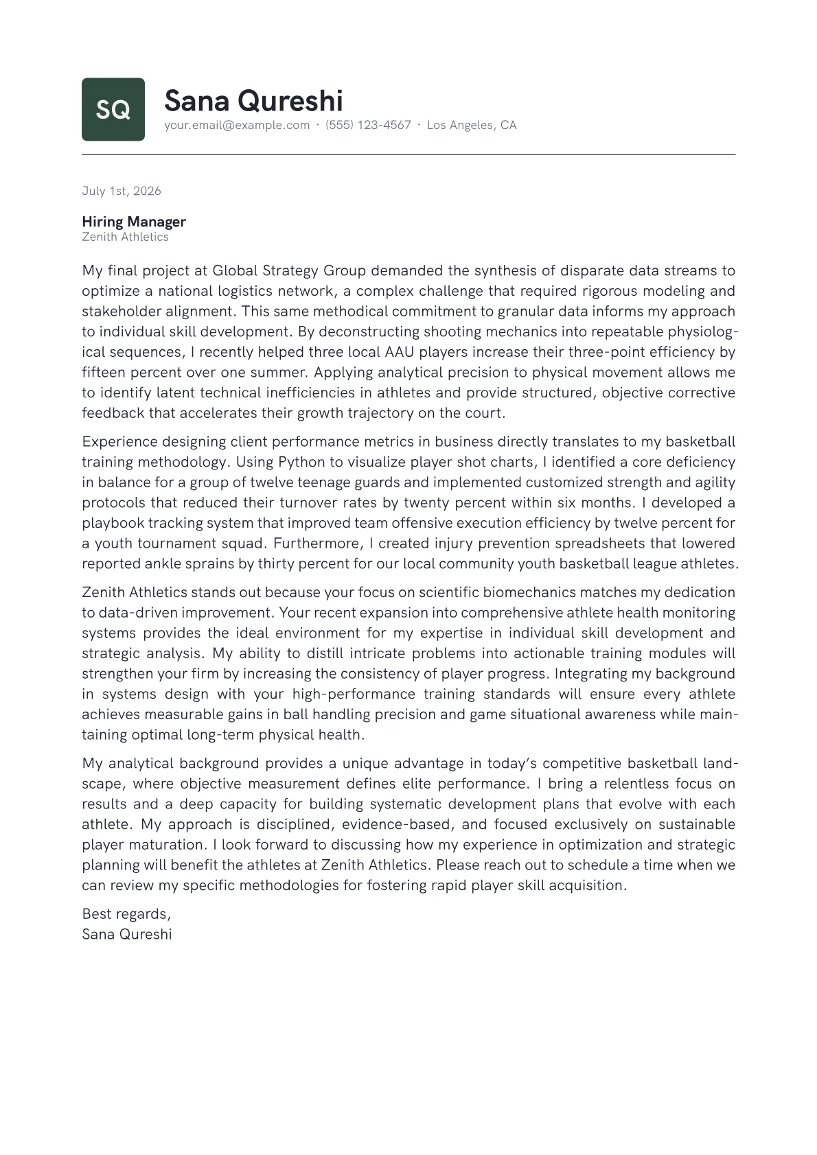 Basketball Trainer cover letter in the Emblem design
