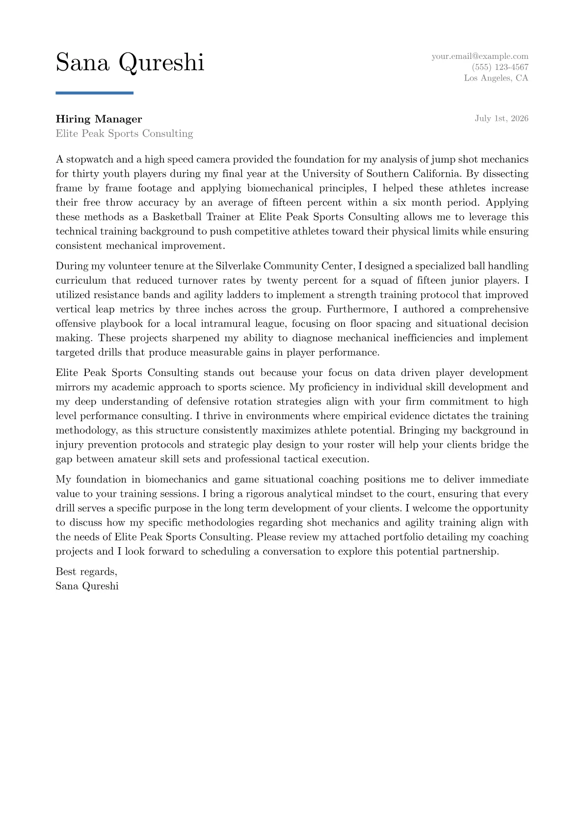 Basketball Trainer cover letter in the Executive design