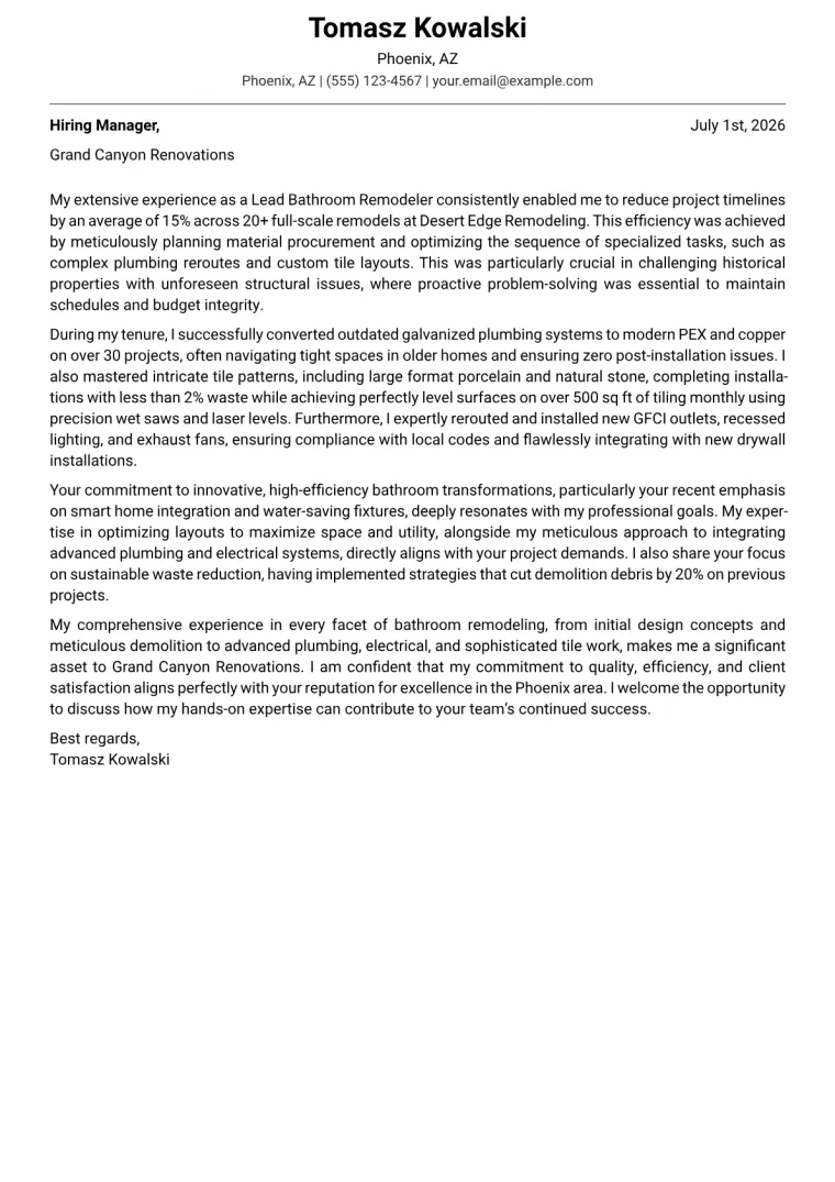 Bathroom Remodeler cover letter example preview
