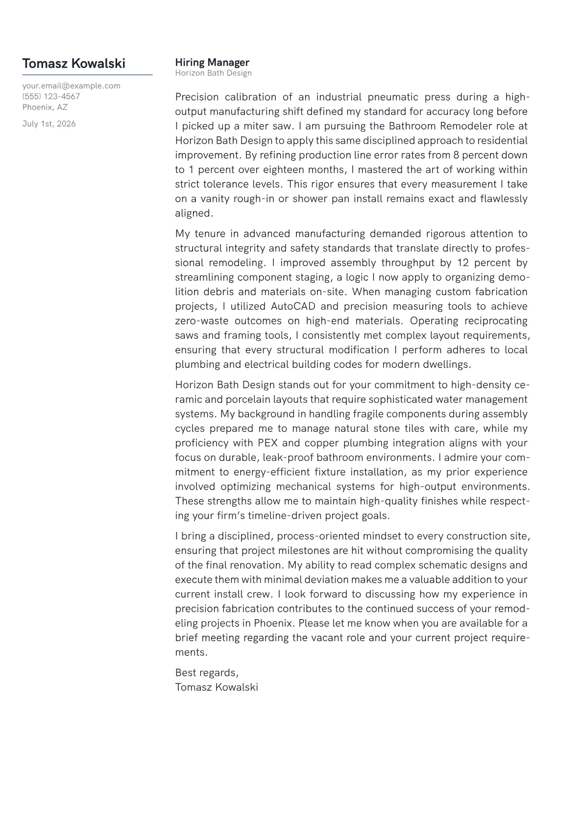 Bathroom Remodeler cover letter in the Margin design
