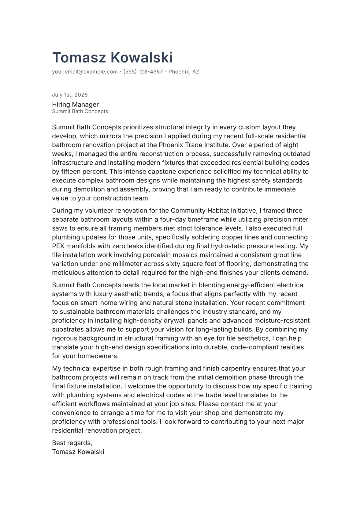 Bathroom Remodeler cover letter in the Minimal design