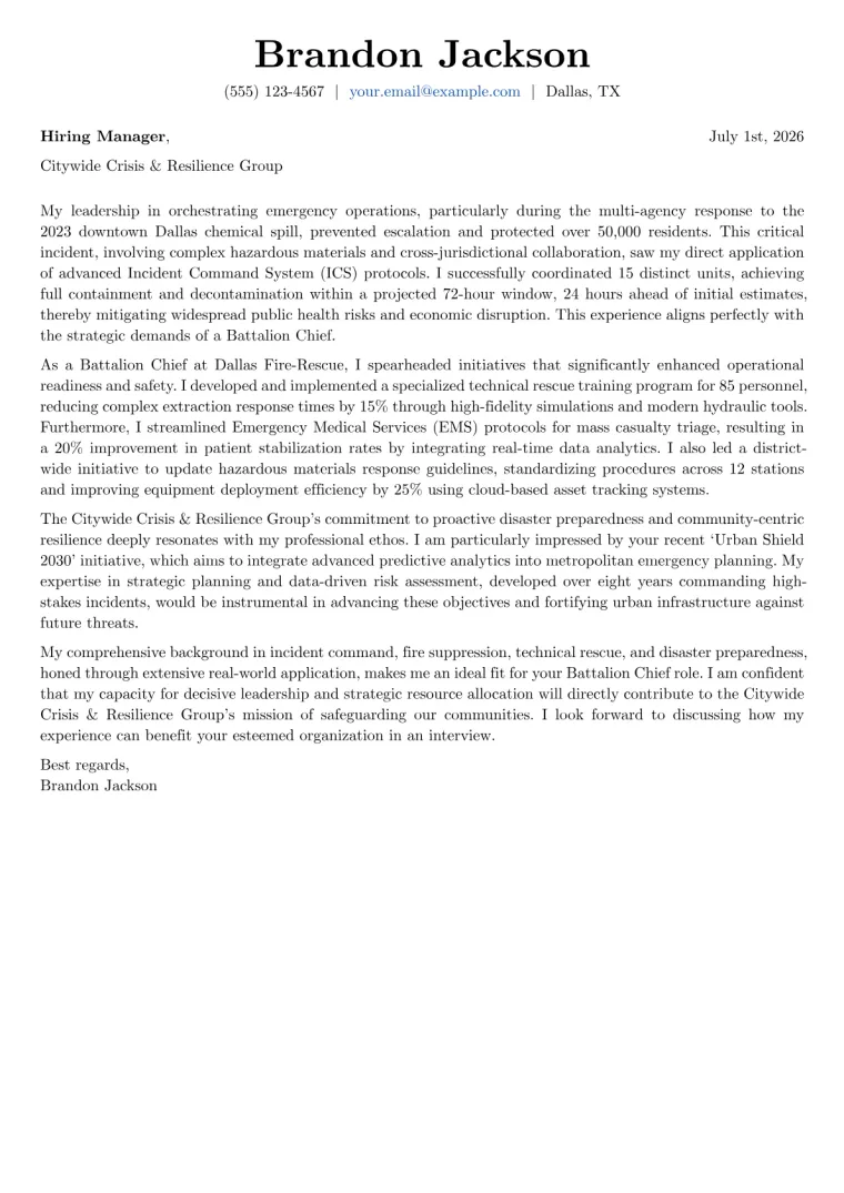 Battalion Chief cover letter example preview