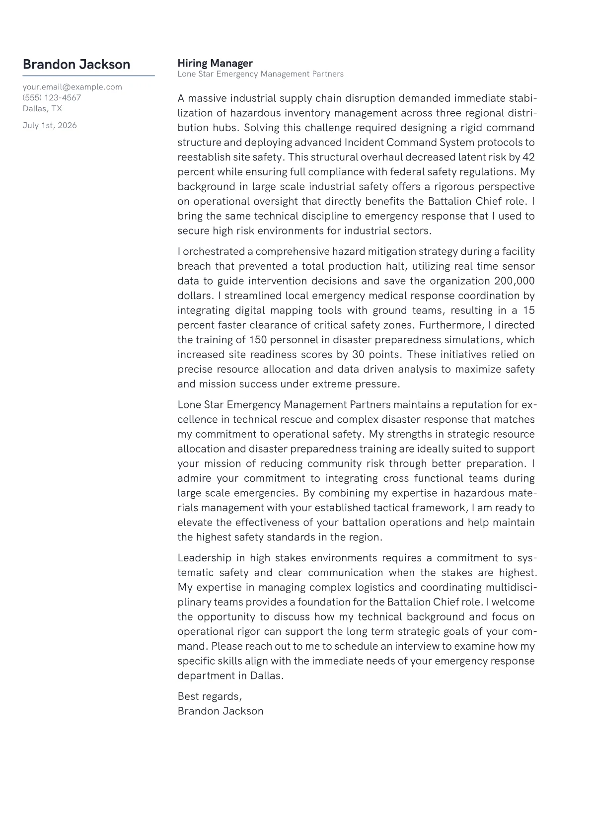 Battalion Chief cover letter in the Margin design