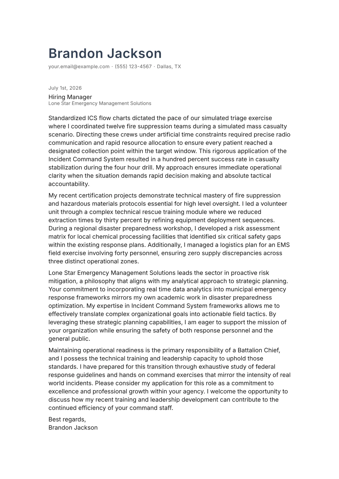 Battalion Chief cover letter in the Minimal design